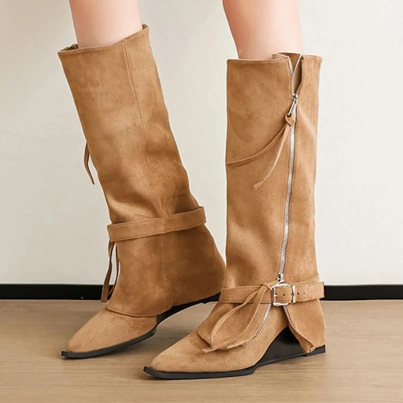 Knee High Women's Boots Designer Pointed Toe Suede Heeled Shoes Elegant Fashion Chelsea Boots New Goth Trend Ladies Boots - view 2