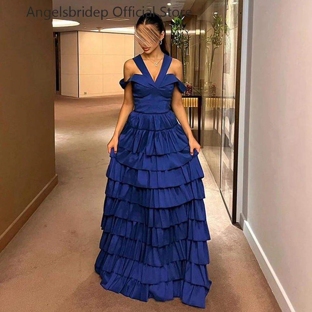

Angelsbridep Royal Blue Prom Dresses Halter Off Shoulder A-Line Prom Gowns Tiered Satin Floor Length Dubai Formal Party Gowns