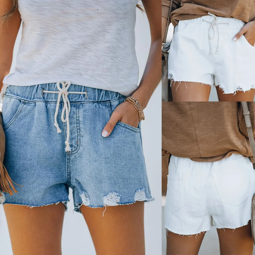 2026 Short Jeans Women Sexy Ripped Shorts Drawstring Lace Up Washed Distressed Pockets Streetwear Female Vintage Hole Pants