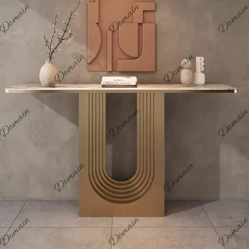 DS Elegant Italian Style Stainless Steel Entryway Console Table with Marble Slab for Living Room Hallway H