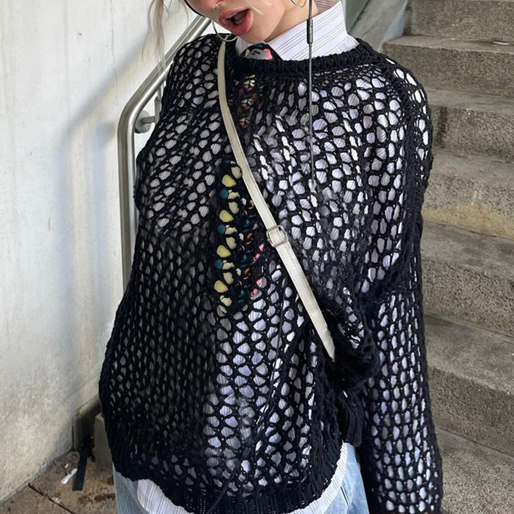 Women Crochet Sweater Streetwear Loose Top Fishnet Oversized Cover Up