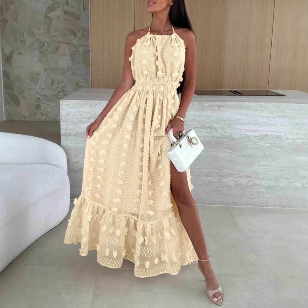 Mulheres sexy verão halter 3d flor malha fenda vestido de noite sem costas franzido plissado hem dupla camada maxi vestido