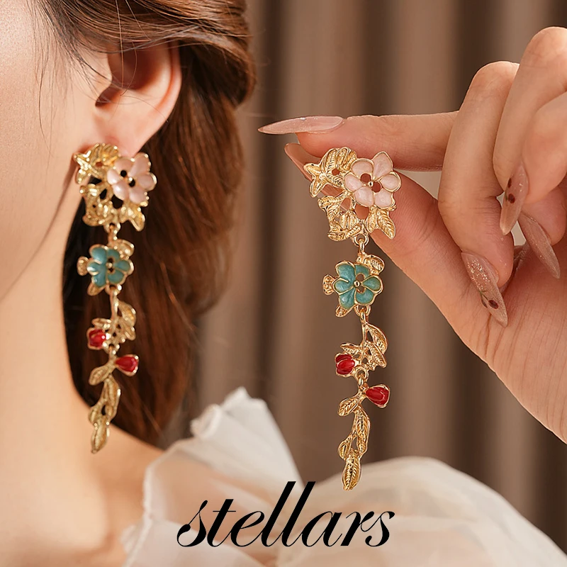 

Vintage Enamel Tassel Earrings Gold Purple Green Oil-Drip with Flowers And Leaves Luxury Feel Stud Earrings
