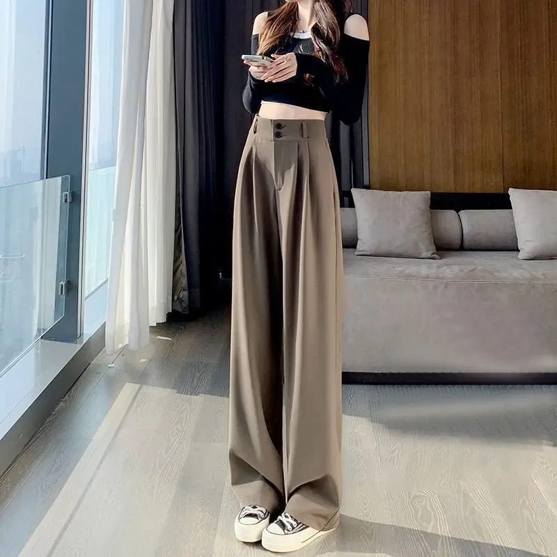 

2023 New Arrival Spring Korean Style Women All-matched Full Length Pants Casual Loose Button Fly Waist Straight Pants D216