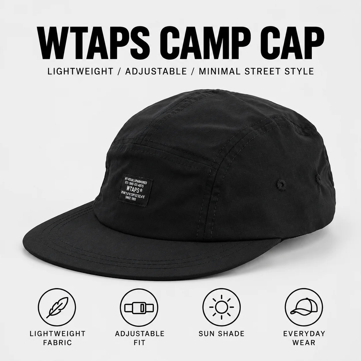 WTAPS Black Label Flat Bill Snapback Cap Unisex Breathable Casual Baseball Hat Large Head  Outdoor Sunshade Street Fashion Cap