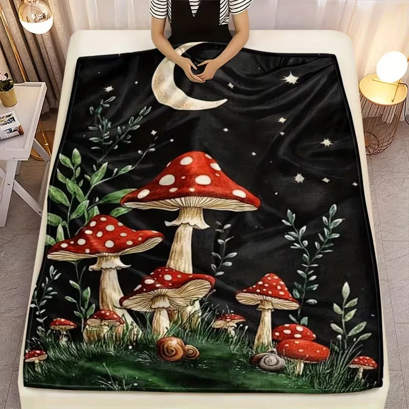 Cute Red Spotted Mushroom Throw Blanket Starry Night Crescent Moon Snail Green Plant Print Soft Blanket for Bedroom Sofa