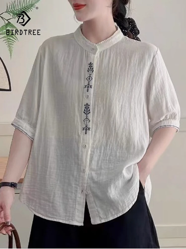 

New 2025 Summer Cotton Yarn Half Sleeve Shirt, Women Stand Embroidery, Mori Girl Preppy Style Sweet Casual Loose Blouse T56623CC
