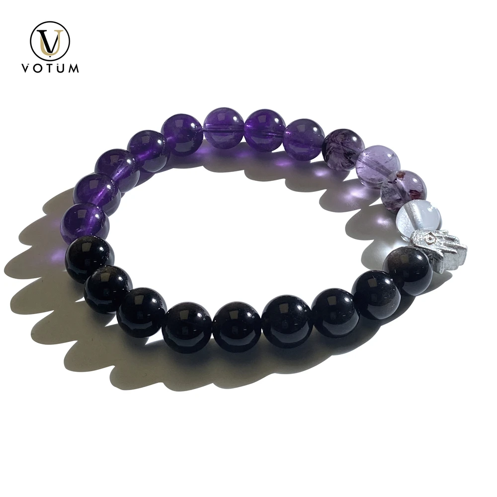 

Votum Natural 8mm Silvery Obsidian Amethyst Phantom Clear Quartz Stone 925 Silver Hamsa Charm Beaded Bracelet for Women Jewelry