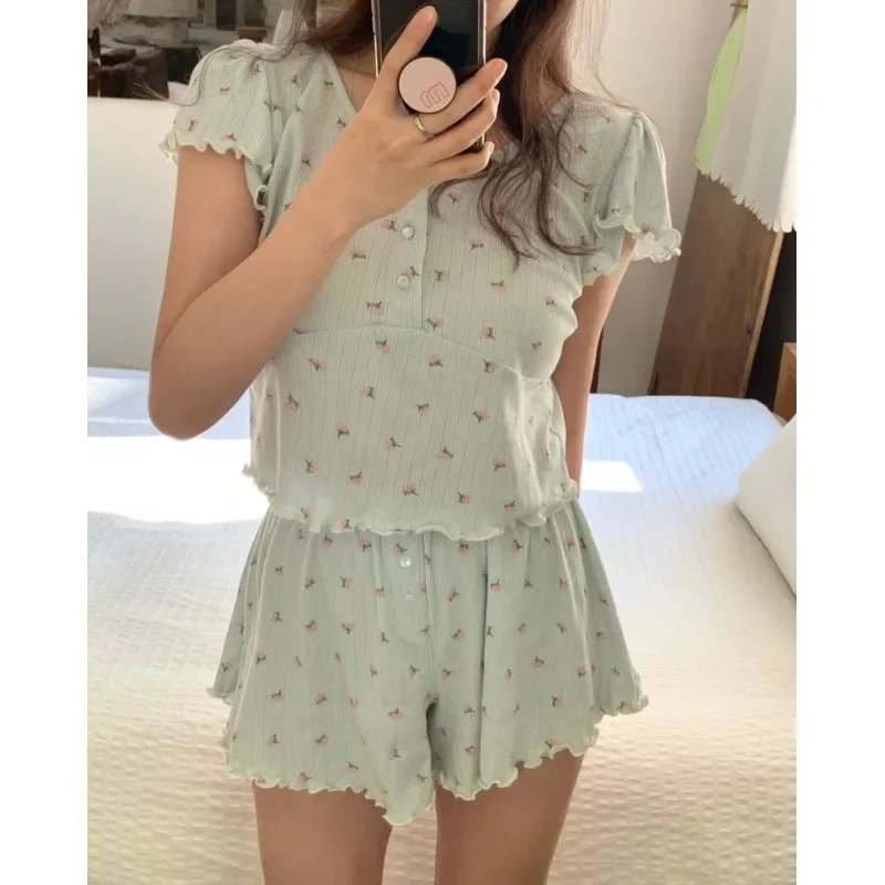 Summer Floral Print Pajamas Set Korean Women Short Sleeve Shirts Tops + Shorts Set Kawaii Home Suit Sweet Green Homewear Clothes