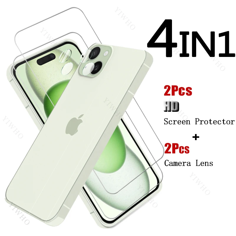 زجاج غطاء كامل لهاتف ابل ايفون 15 بلس ، يفتح ببصمة اليد ، واقي للشاشة ، فولاذ واقي ، عدسة الكاميرا ، 6.7"