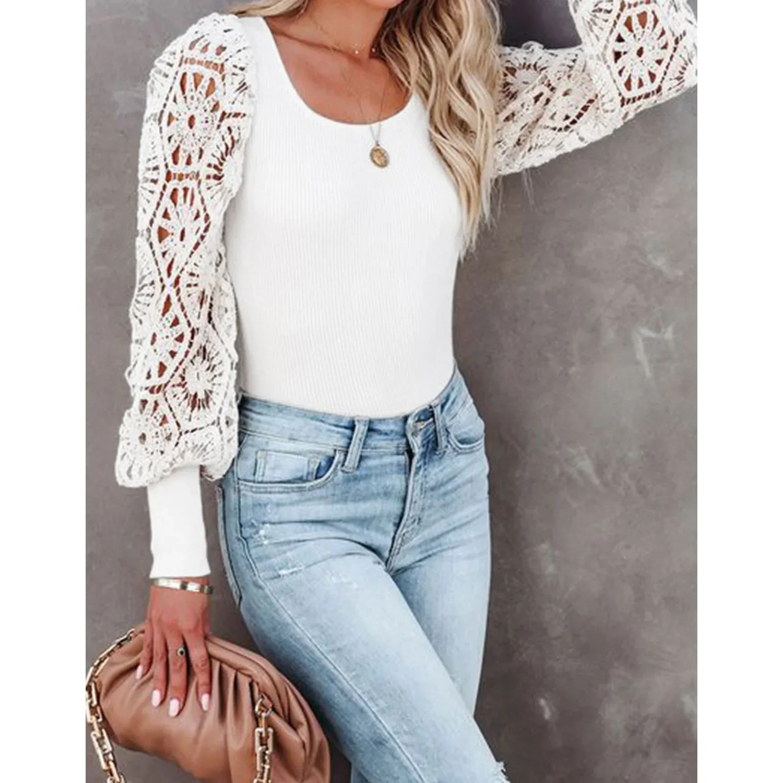 

Women New Female Knitted Top Spring Autumn Long Sleeve Tops Knitted Sweater Hollowed Out Lace Pullover Loose Solid Color Sweater