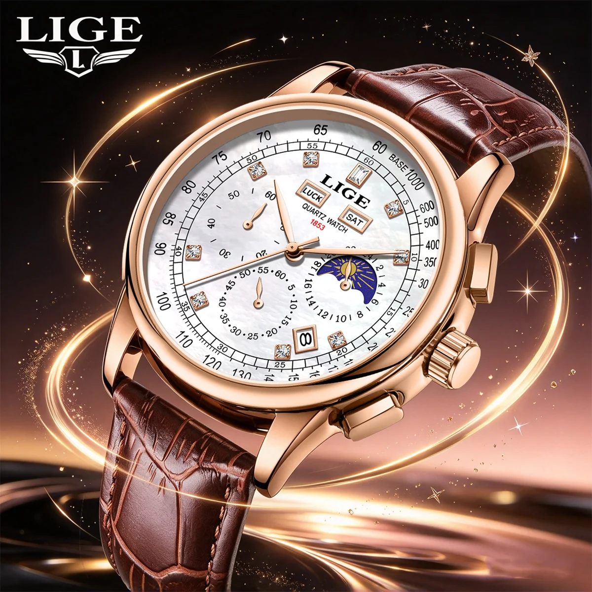 LIGE 2026 Man Matches Chronograph Date Leather Men's Phase Of The Moon Timing Business Luminous Quartz Watches Halloween Gifts