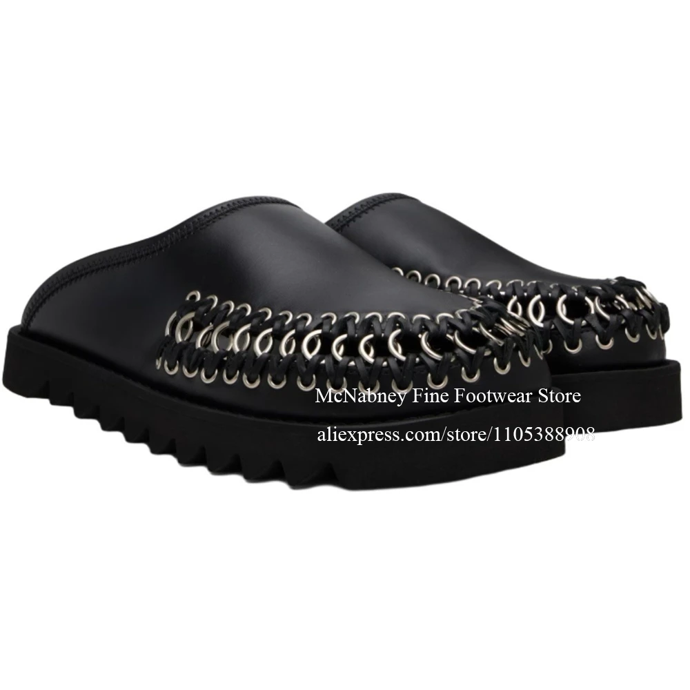 Leather Metal Ring Stitched Men Mules Slip on Loafers Thick Sole Novelty Casual Shoes Street Fashion Round Toe Shoes for Men