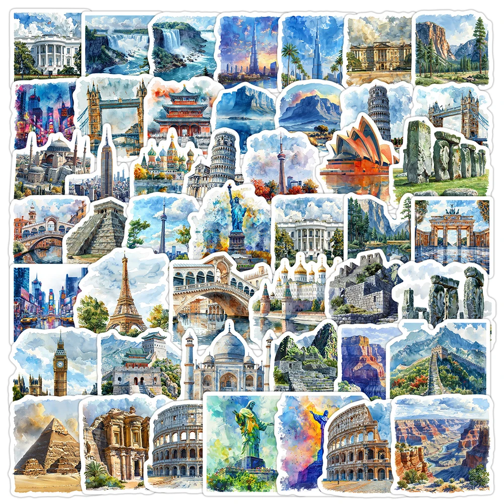

10/30/50pcs World Famous City Landmark Cartoon Stickers Travel Scenery Graffiti Sticker DIY Laptop Skateboard Phone Decals Decor