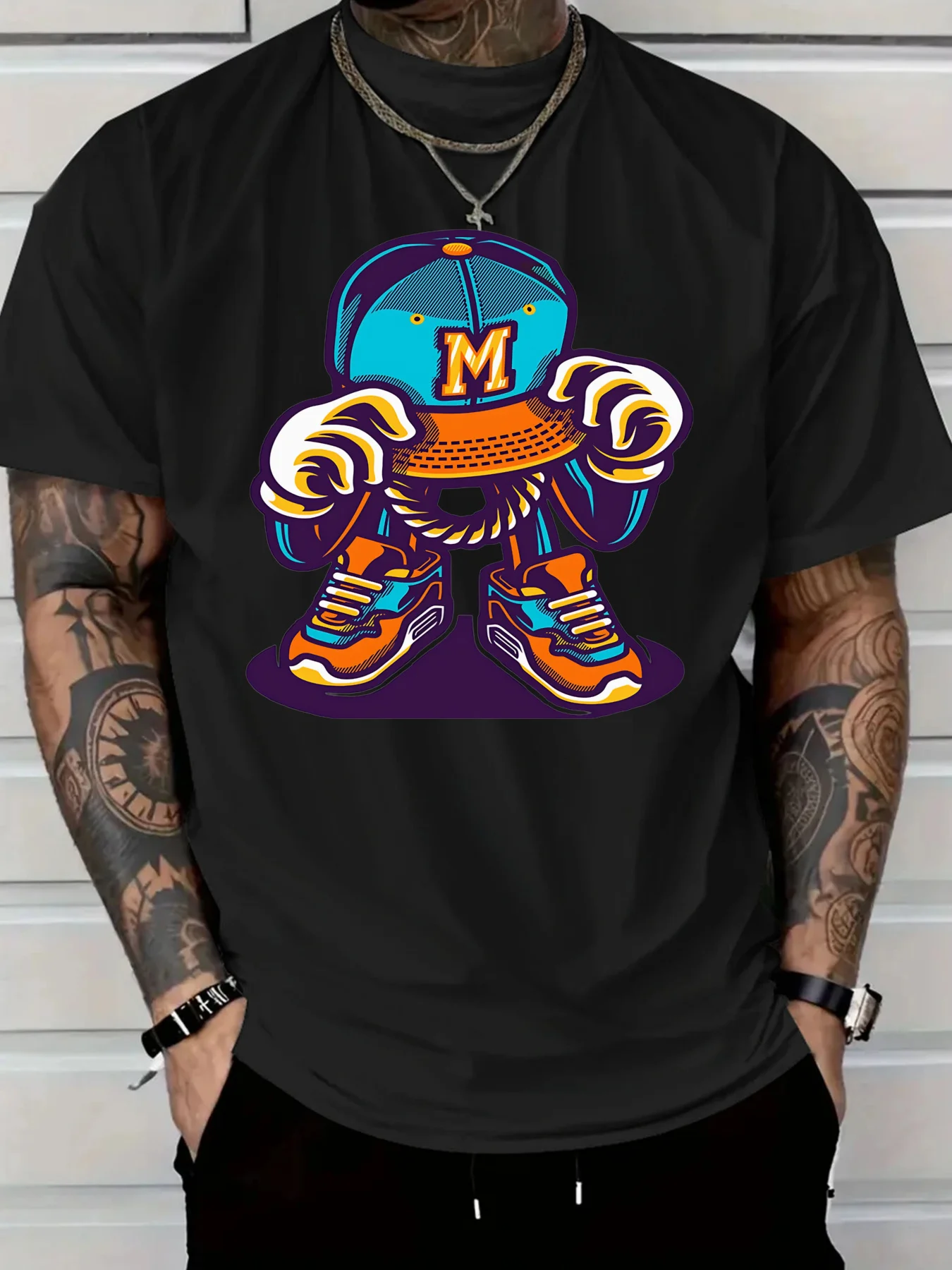 เสื้อยืดลำลองผู้ชายผ้าฝ้ายลายการ์ตูนพร้อมหมวกเบสบอลลายการ์ตูนรองเท้าผ้าใบลายกราฟิกเสื้อยืดพิมพ์ลายสตรีทแวร์สำหรับคนรักแฟชั่นปี 2025