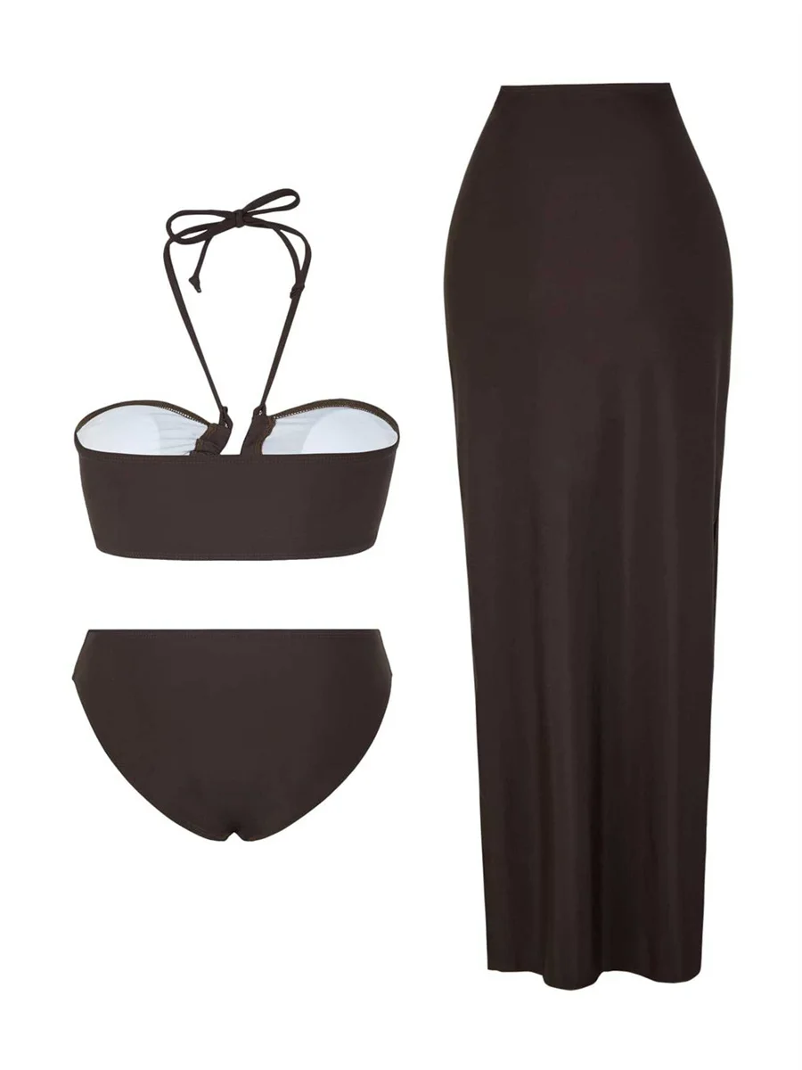 Set bikini da 3 pezzi Costumi da bagno femminili 2025 Costume da bagno sexy a fascia Halter Costume da bagno Cvoer ups Beach Maxi Dress Gonna lunga