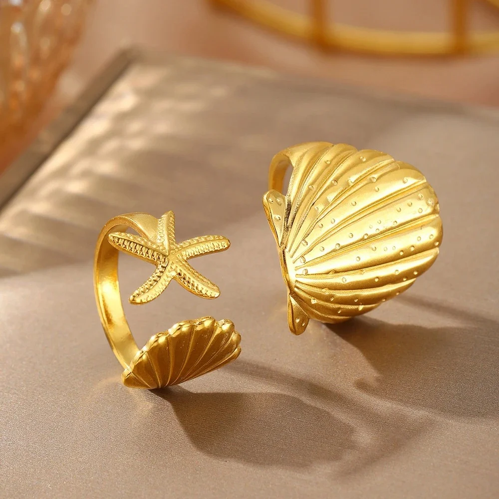 مجموعة خواتم قابلة للتعديل على شكل نجم البحر المحيط للنساء باللون الذهبي من الفولاذ المقاوم للصدأ قابلة للتكديس خاتم مفتوح هدية لقضاء عطلة الشاطئ