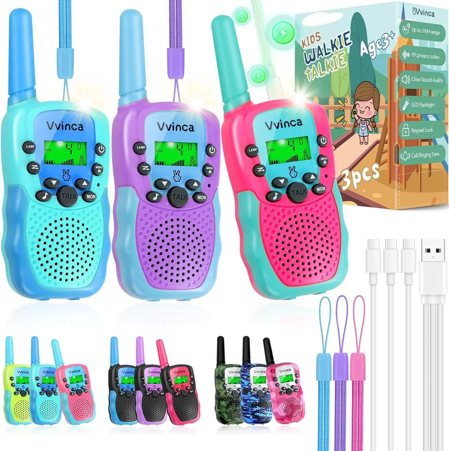 

Rechargeable Walkie Talkies 3 Pack, Long Range 3KM Outdoor Camping Gift with Flashlight