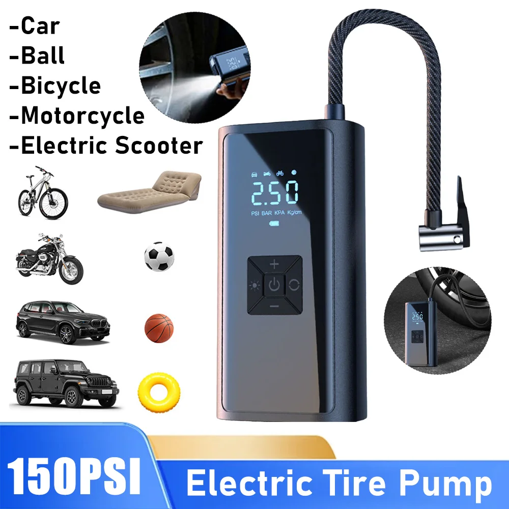 150PSI Electric Tire Pump with LED Light Portable Car Inflator Pump LCD Display Car Tire Inflator for Car Tires