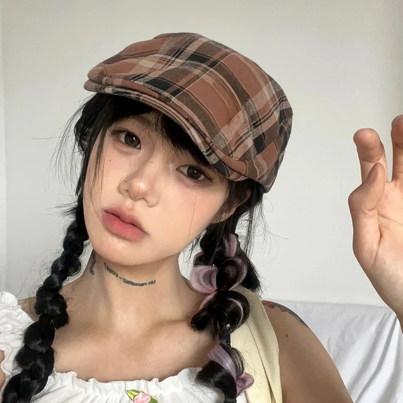 Original Bow Contrasting Color Plaid Newsboy Hats for Women Show Face Summer Thin Versatile Sunscreen Vintage Berets Cap Y2k