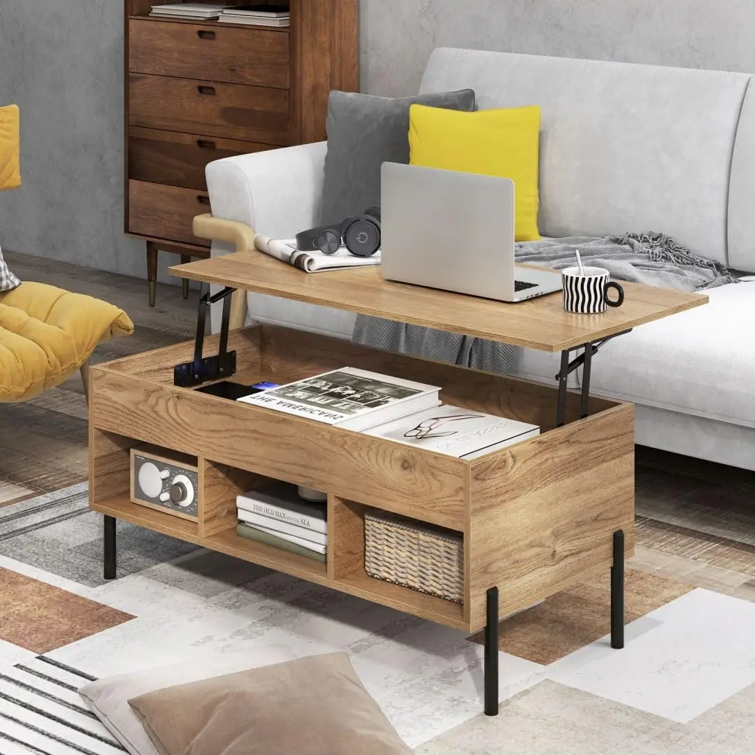 Lift Top Coffee Table Wooden Center Table with Hidden Storage & 3 Open Cubbies Side Table for Living Room, Customized