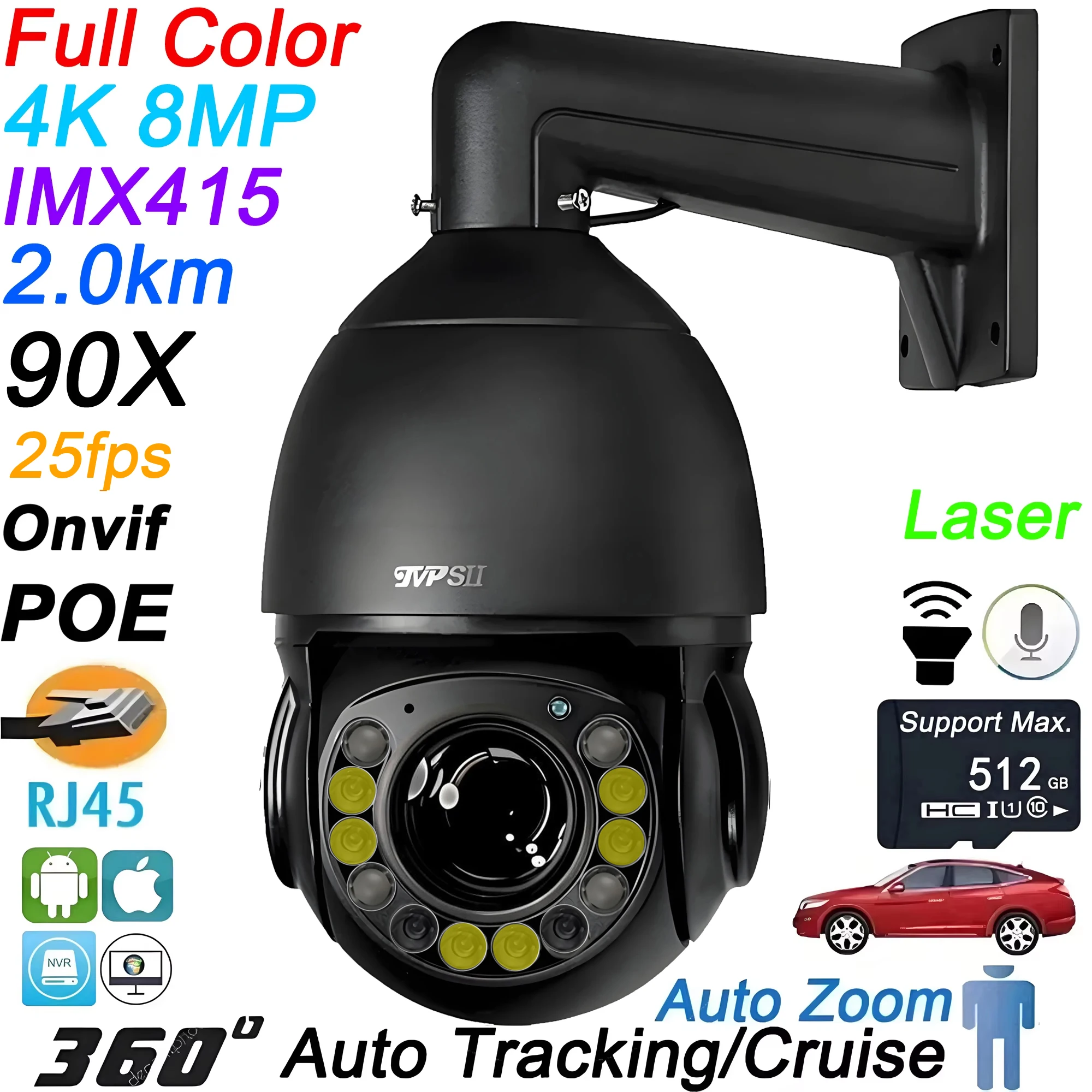 Black Onvif Metal Full Color Auto Tracking 8MP 4K 25fps 90X Optical Zoom 360° Audio POE PTZ IP Surveillance Speed Dome Camera