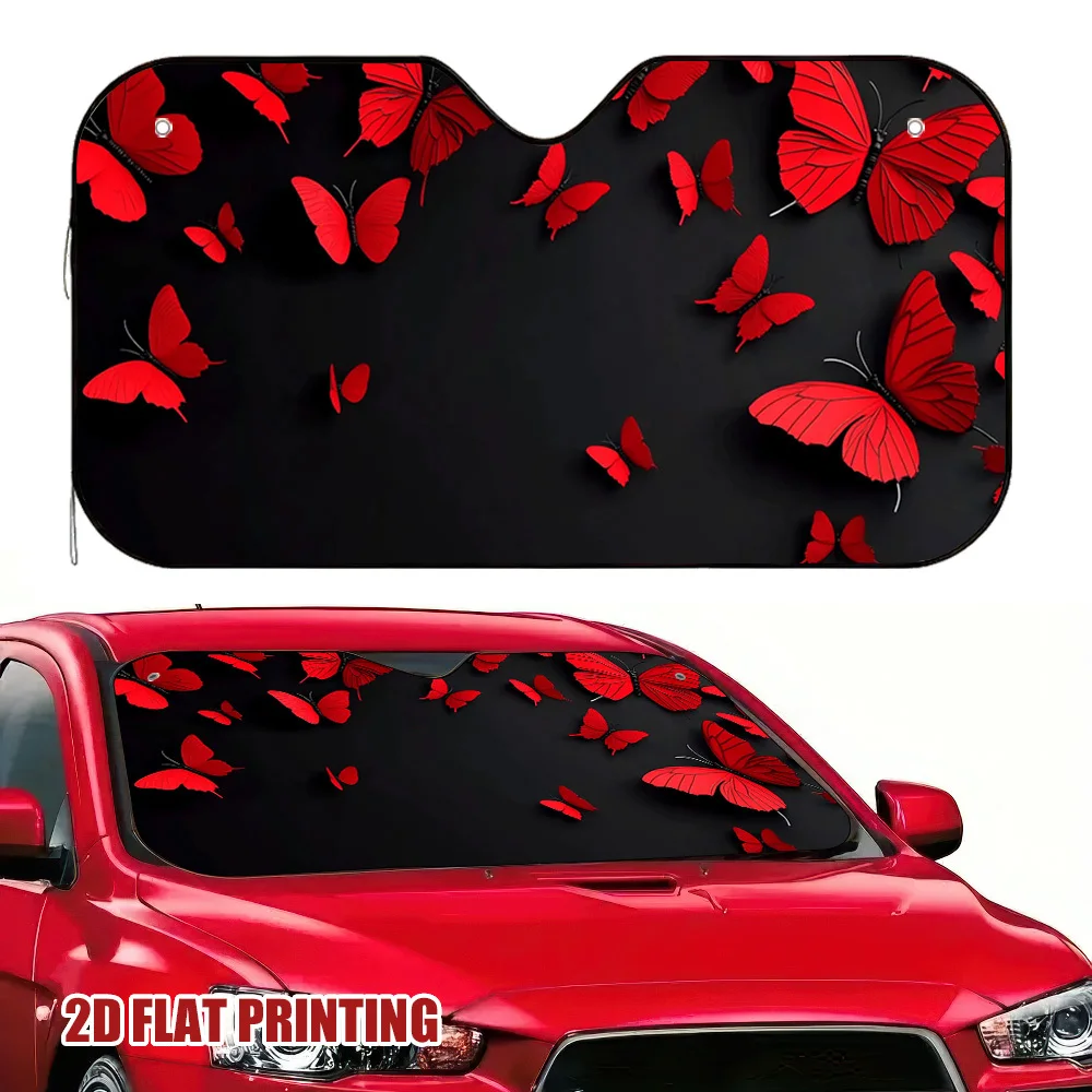 1pc Red Butterflies On Black Background Car Sun Visor | Perfect For Hot Weather, Reduces Interior Temperature, Maintains Comfort