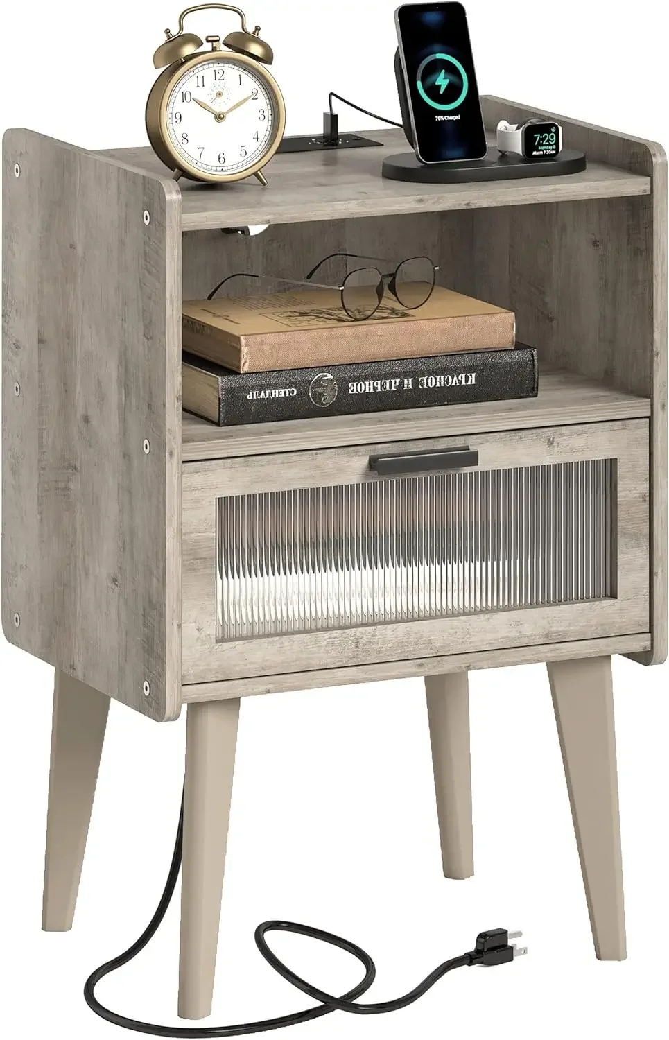 

Charging Station, Bedside Tables Oak Grey End Table Side Table with 2 Tiers Storage Space, for Bedroom Living Room MLBZ07GE