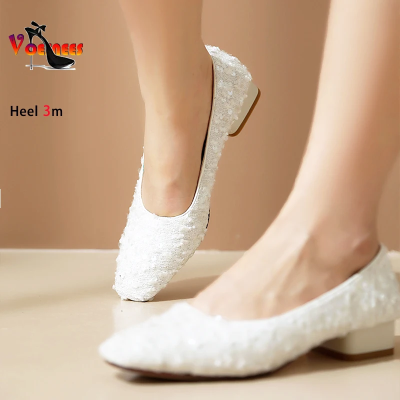 

Women's Pumps 2024 Spring Autumn 3CM Ladies Everyday Single Shoes With Sequins Comfortable Low Heels Outdoors Woman Shoe White