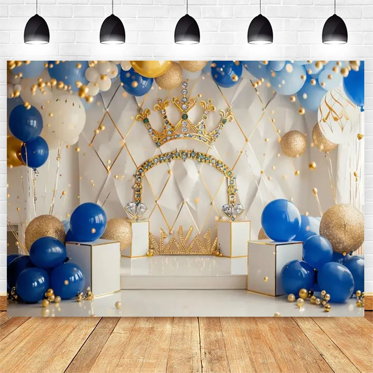 King Crown Royal Blue and Golden 1st Birthday Backdrops Classic Style Cake Smash Photography Backgrounds for Prince Baby Shower