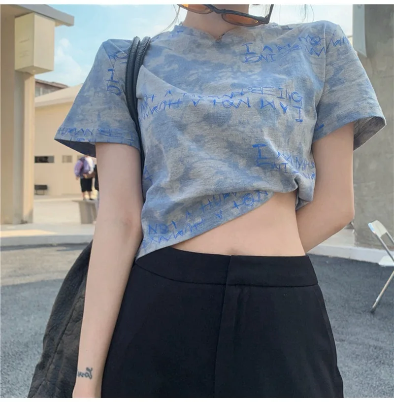 Summer Cute Tie-Dyed T-shirt Crop Top Women High Waist Sexy Tee Shirt Femme Gothic Street Short Sleeve Tshirt Woman Free Ship