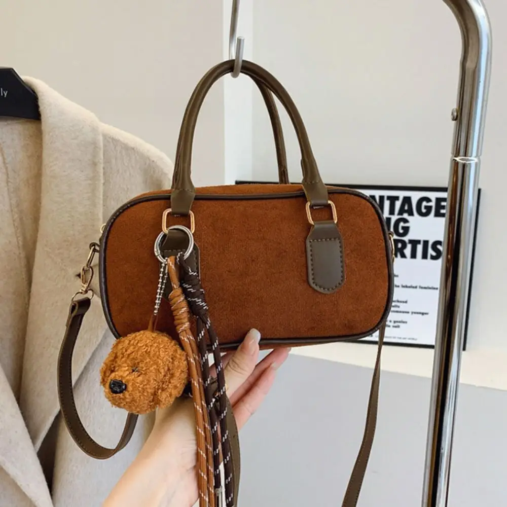 Elegancka torba bowlingowa z ekoskóry i zamszu, torebka typu Boston z PU w jednolitym kolorze, koreańska torba na ramię o dużej pojemności, streetwear