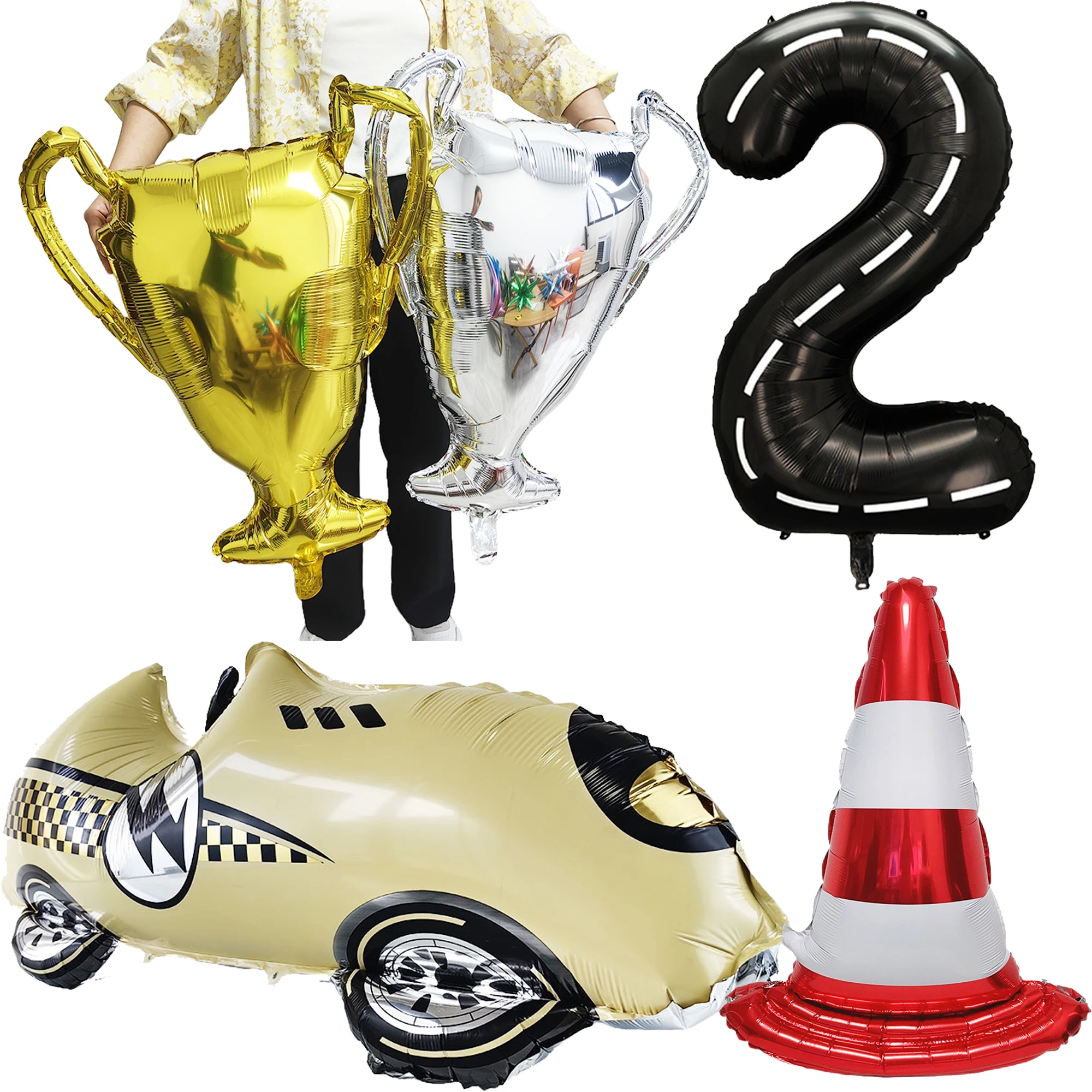 Truck Race Car Theme Party Decoration Boys Yellow Race Car Foil Balloon Racetrack Number 2 Black Balloon Champion Trophy Balloon