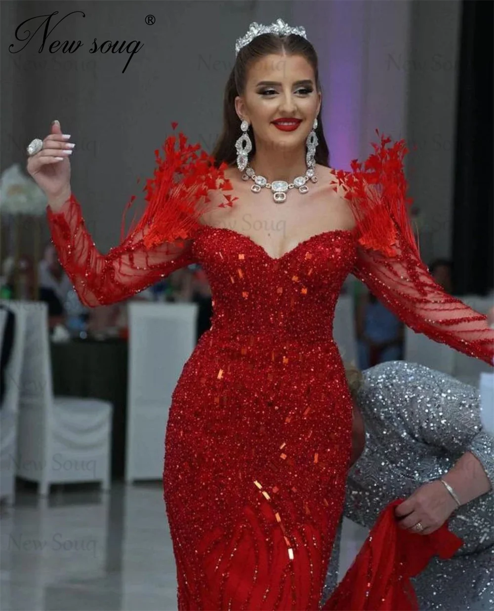 Red Shoulder Feathers Prom Dresses Customized Plus Size Full Beading Sequins Party Gowns Women Dubai Mermaid Evening Dress Robes