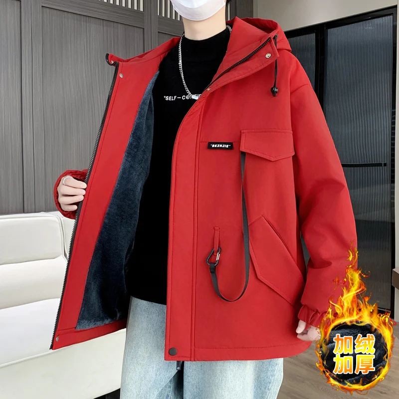 

Повседневные мужские теплые плюшевые куртки с капюшоном, зимняя уличная одежда 2025 года, утепленные флисовые пальто, молодежные уличные ветрозащитные свободные парки, одежда