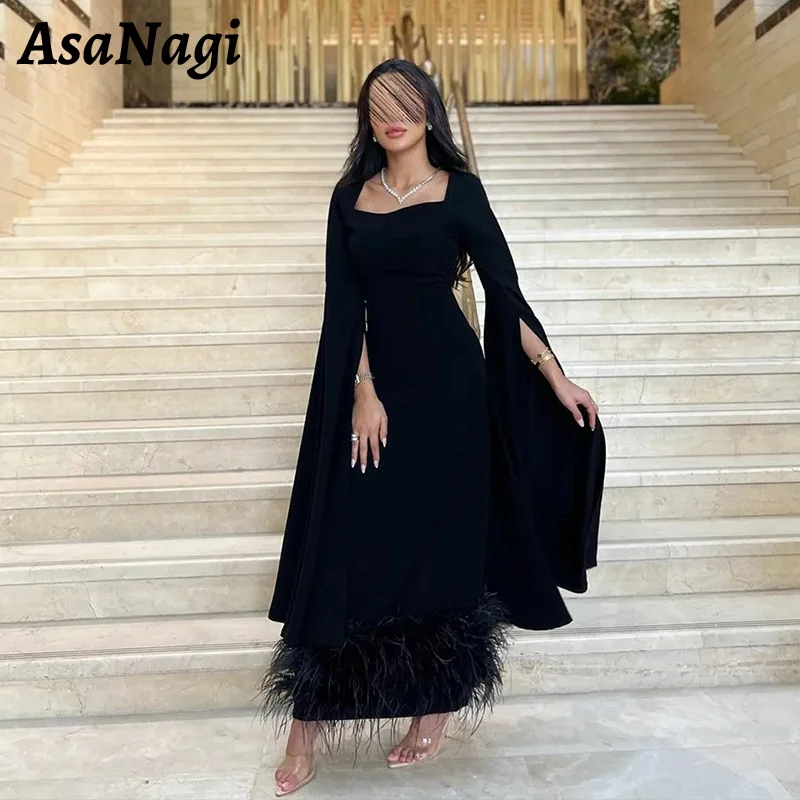 

AsaNagi Mermaid Black Prom Dress Women's Square Neck Feather Party Evening Gown Simple Ankle Length Special Occasion Dresses