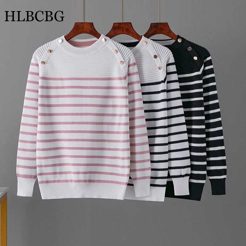 HLBCBG Stripe Jumper Long Sleeve Pink knitted Sweaters Women\'s Tops Autumn Winter O Neck Short Pullover Casual Puller Femme