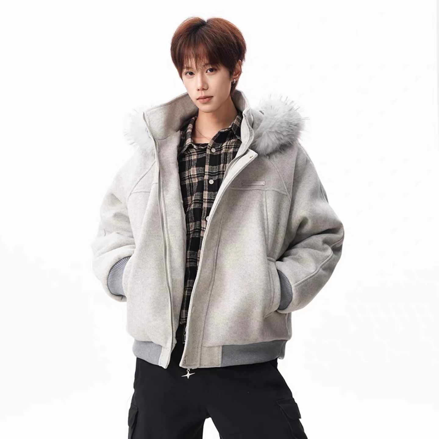 

Хлопковая куртка Thiened American Sle с большим меховым воротником для мужчин, зимняя теплая рабочая одежда, лоскутная верхняя одежда для пар