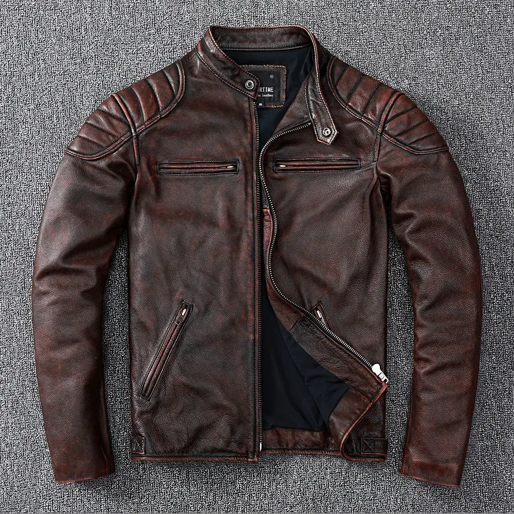 

Vintage Men's Genuine Cowhide Leather Coat Male Spring Autumn Fall Clothes Motorcyclist Biker Outerwear Brown Plus Size 5XL 6XL