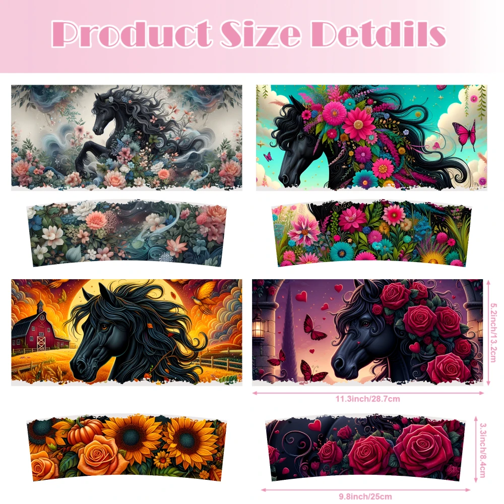4 Sheets Horse Roses Butterflies Flowers Sunflowers Barn Sky UV DTF Stickers for 40oz Tumblers UV DTF Adhesive Decorative