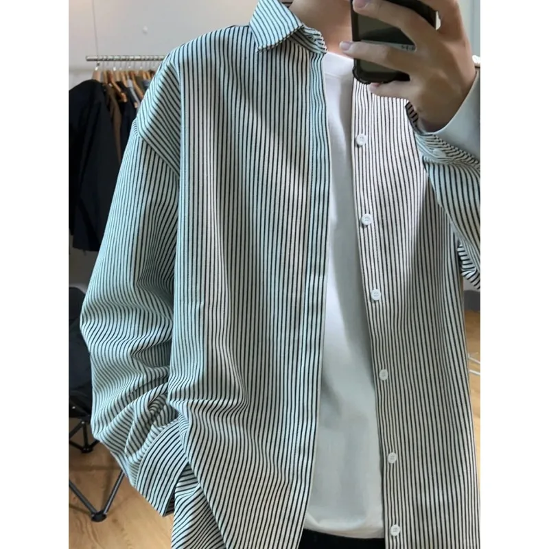 Men's Casual Long Sleeve Shirt Vertical Stripes Oversize Autumn Winter Japanese Style Inner Wear Layering Jacket Coat