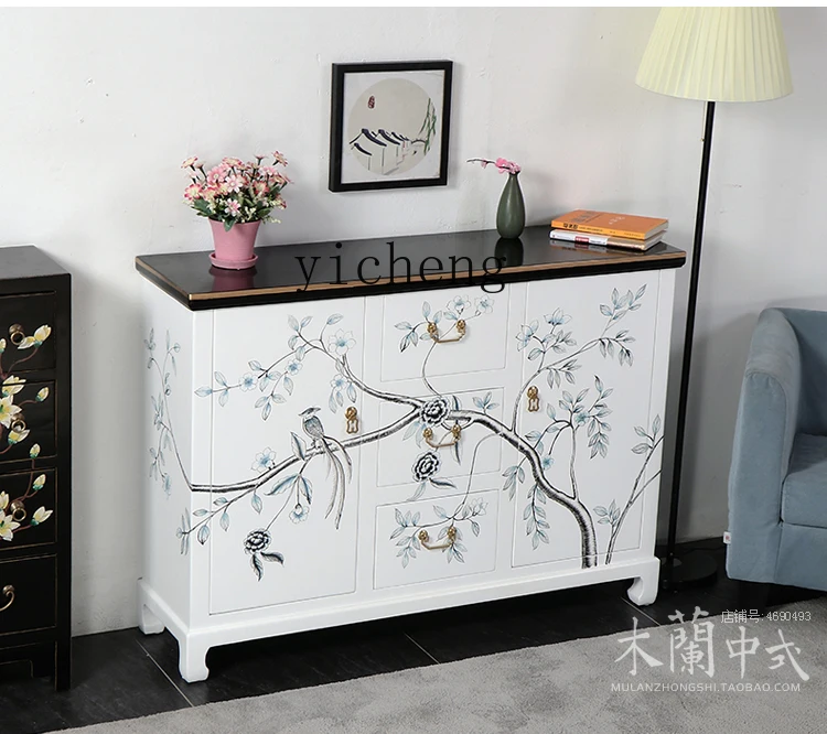 Tqh New Classical Chinese Painted Hallway Cabinet Solid Wood Antique Hand Painted Sideboard Cabinet