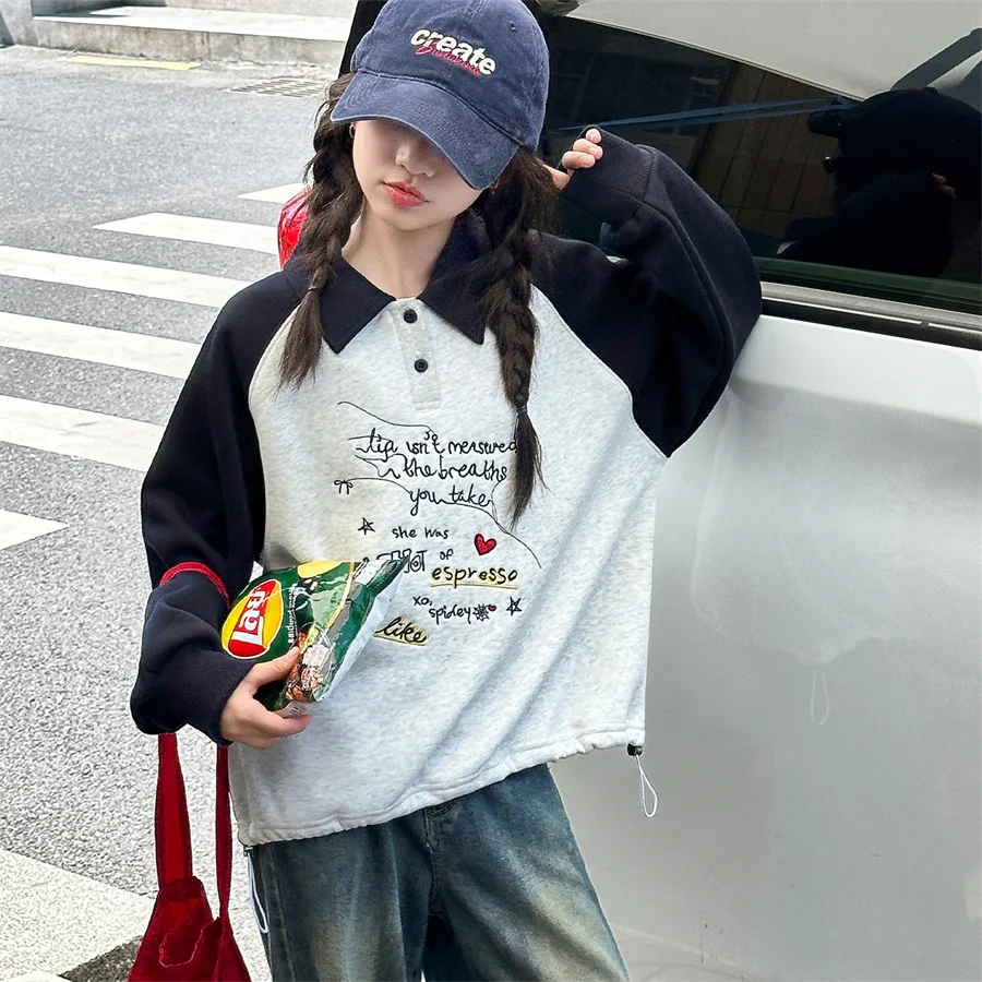 New Spring Autumn Kids Clothes Girl Long Sleeve Polo Sweatshirt for Girls Letter Pattern Sweatershirt Tshirt Age 5 6 7 8 9 11 14