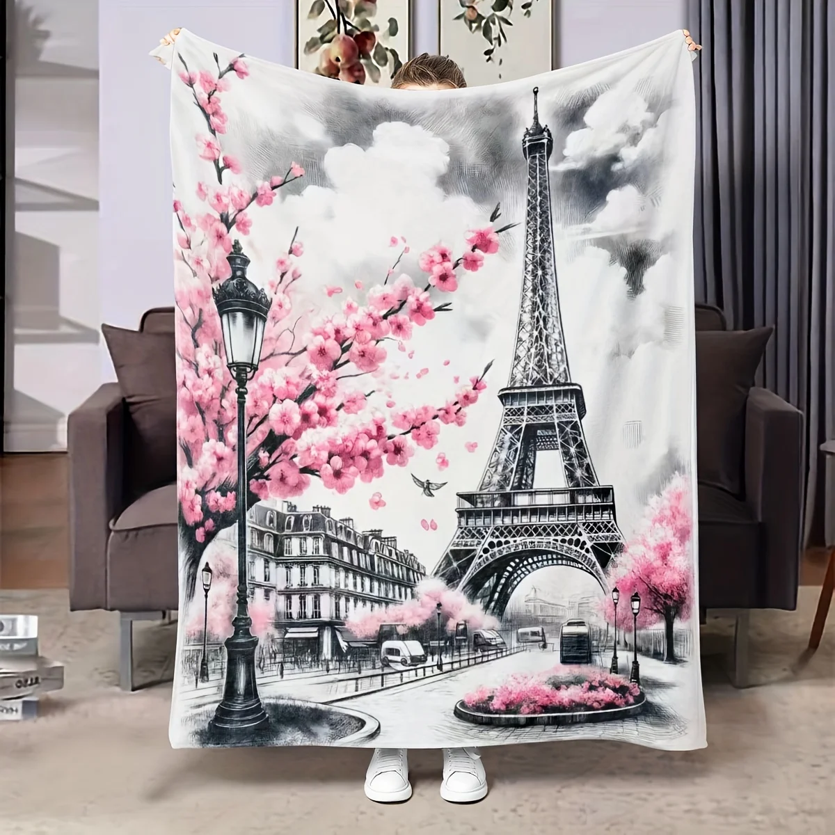 Paris Eiffel Tower Cherry Blossom Flannel Throw Blanket, Sketch Street Pink Flower Print Soft Blanket for Kids Bedroom Sofa Cozy