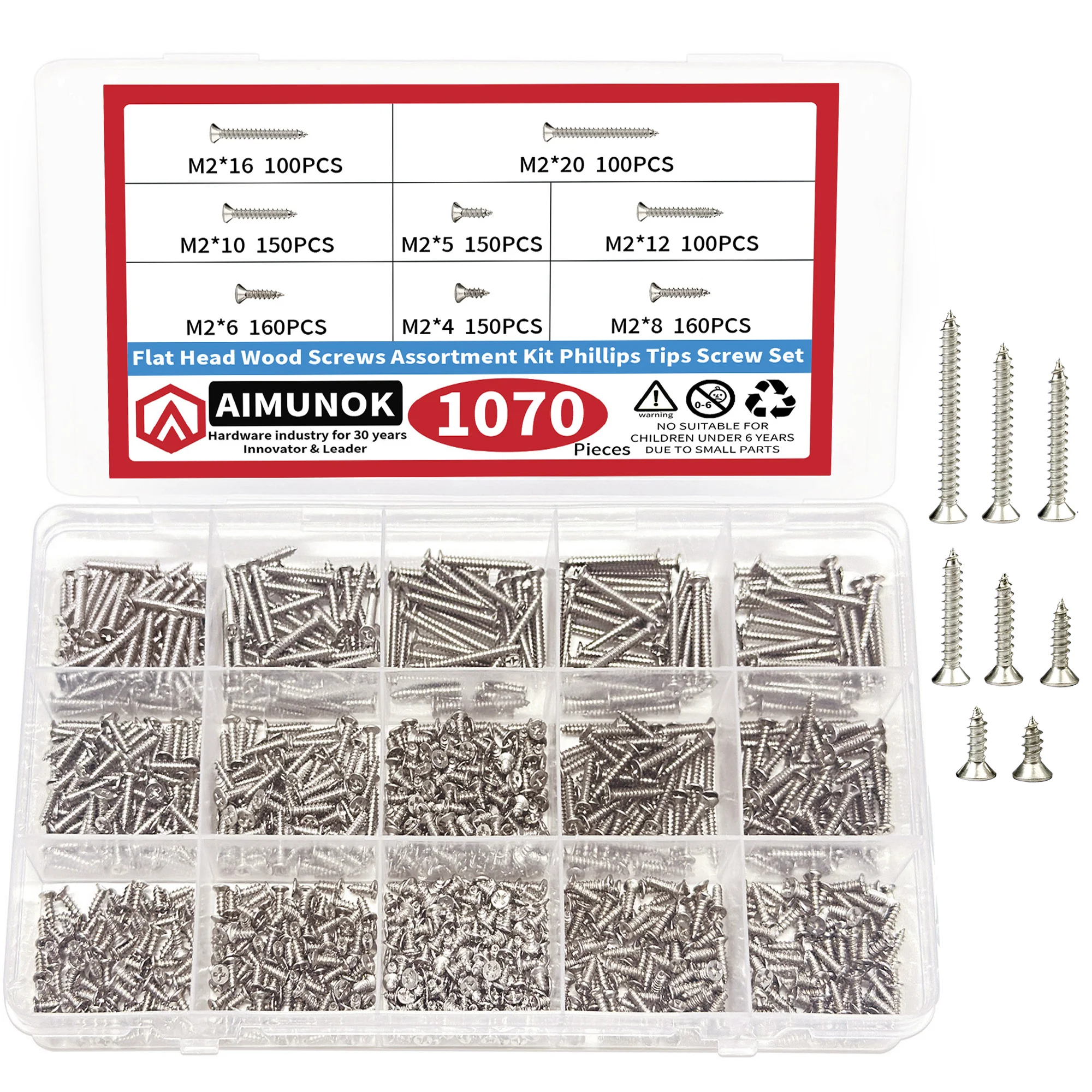 AIMUNOK 500/800/1070 Stück M2 ultradünne Kreuz-Flachkopf-selbstschneidende Schrauben für Möbel, Heimwerken und Reparaturen!