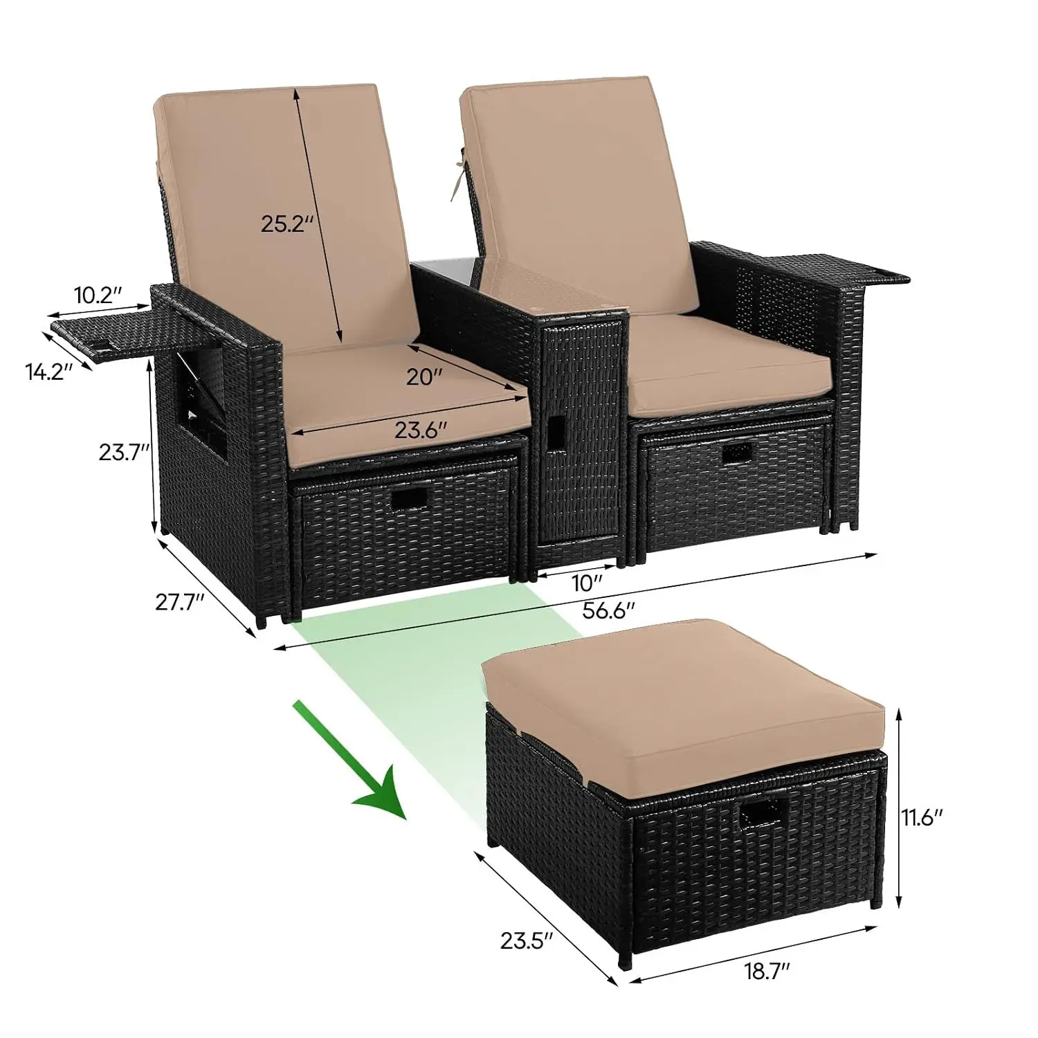 Patio Wicker Loveseat - Outdoor Rattan Sofa Set with Cushion - Adjustable Lounge Chair with Ottoman Footrest,, Customized