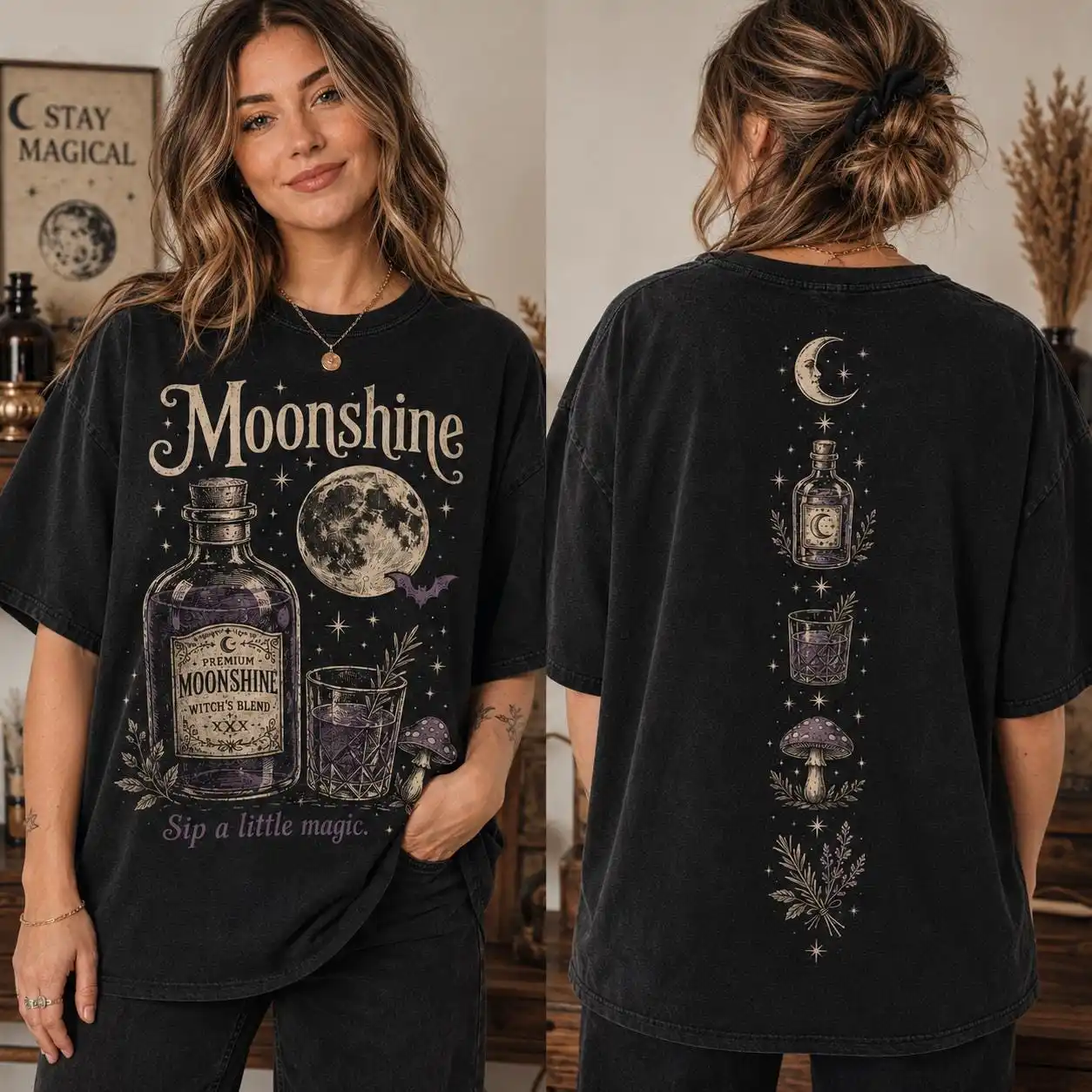 Moonshine Mischief Shirt, Comfort Halloween Shirt, Witchy Moonshine Tee, Spooky Drink Shirt for Women