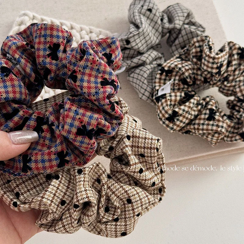 Korean Retro Large Scrunchies Plaid Grid Hair Tie Ponytail Holder Elastic Hair Band Rubber Bands Women Hair Accessories