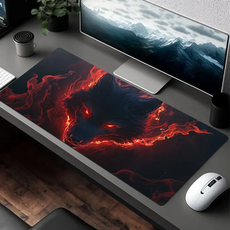 Vivid Red Flaming Wolf Gaming Mouse Pad,Large Extended Desk Mat with Fiery Wolf Design for Office Laptop Christmas Birthday Gift