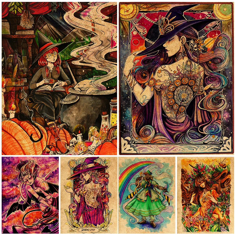 Wicked Wonderland And The Zodiac Witch Art Poster And Print Sunset Unicorn  And Witches Brew Vintage Wall Art Canvas Painting